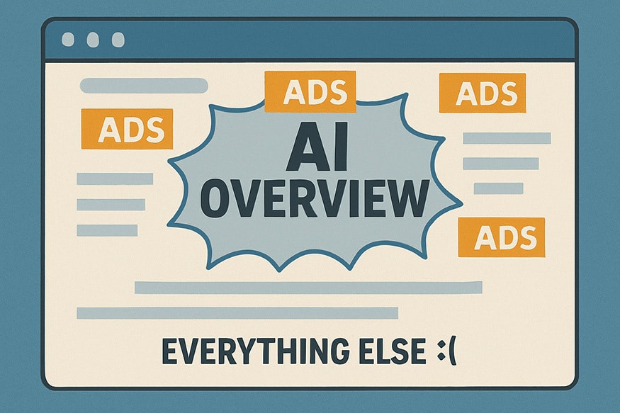 Image showing Google AI Overview surrounded with Google Ads and everything else pushed further down the page